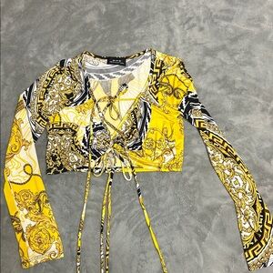 Elegant Yellow and Black Baroque Print Crop Top